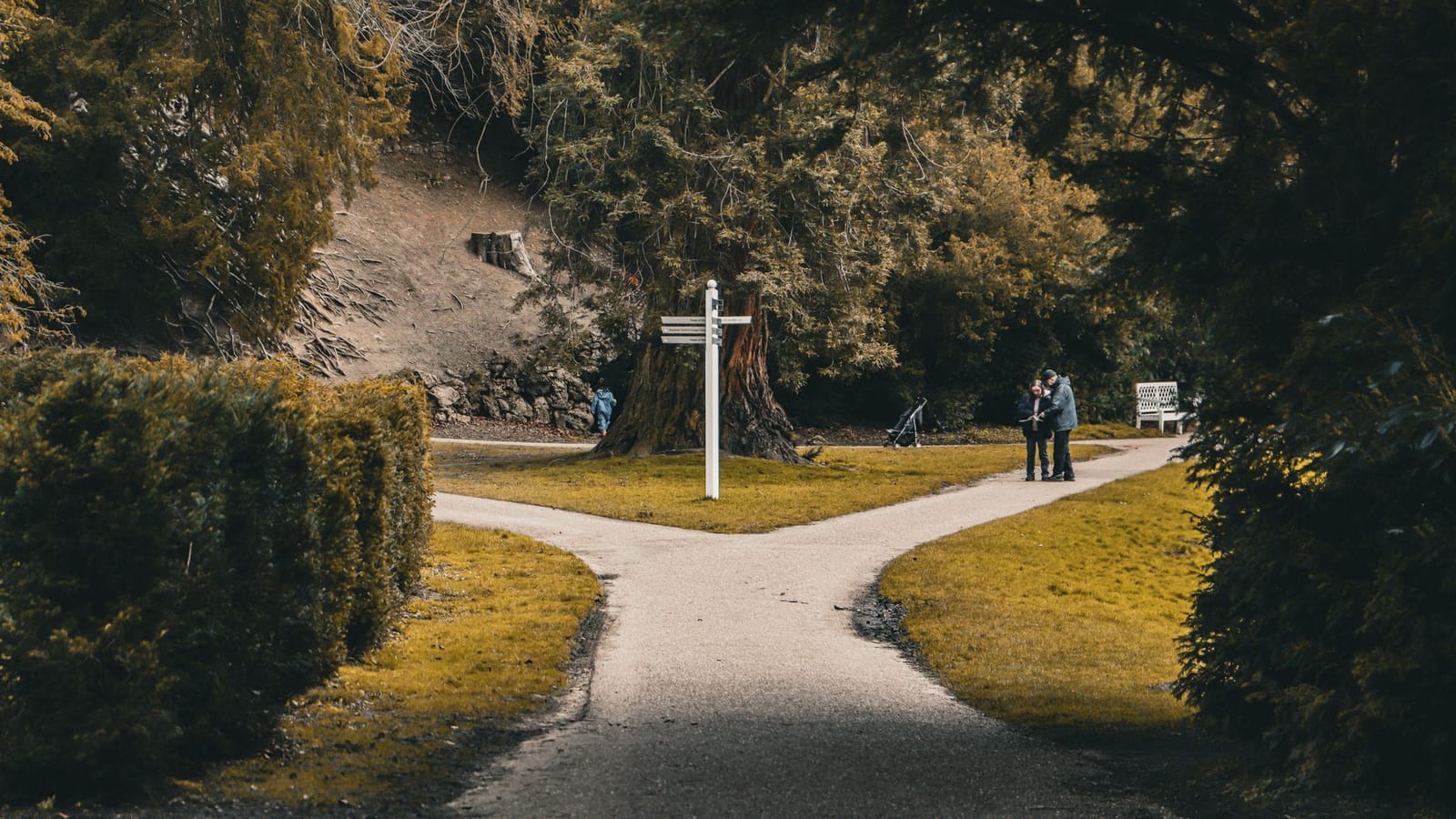 Un camí d'un parc que es bifurca en dos davant d'un pal indicador, amb dues persones consultant un mapa